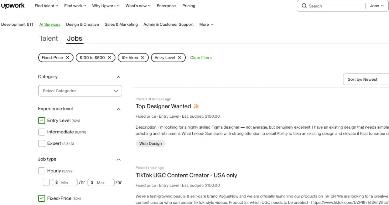 Screenshot of the Upwork job search filters, with recommended settings for beginners highlighted, including fixed-price, entry-level, and payment verified.