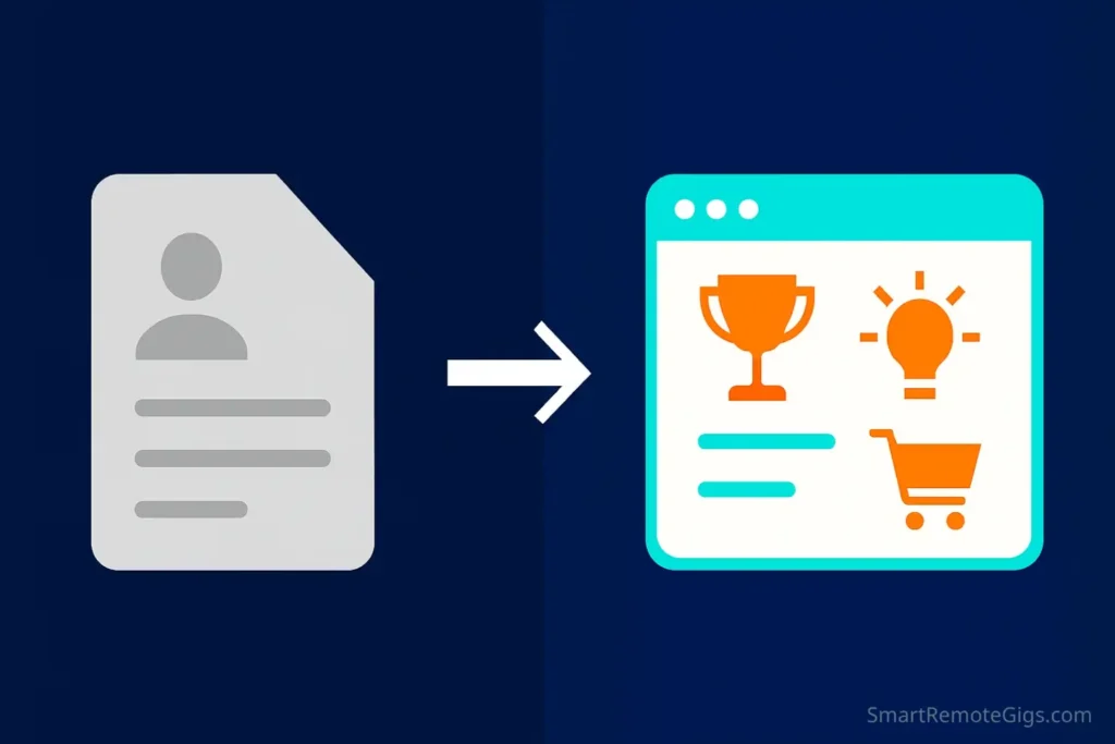 Graphic comparing a traditional resume to an optimized, client-focused Upwork profile that acts as a sales page to attract clients.