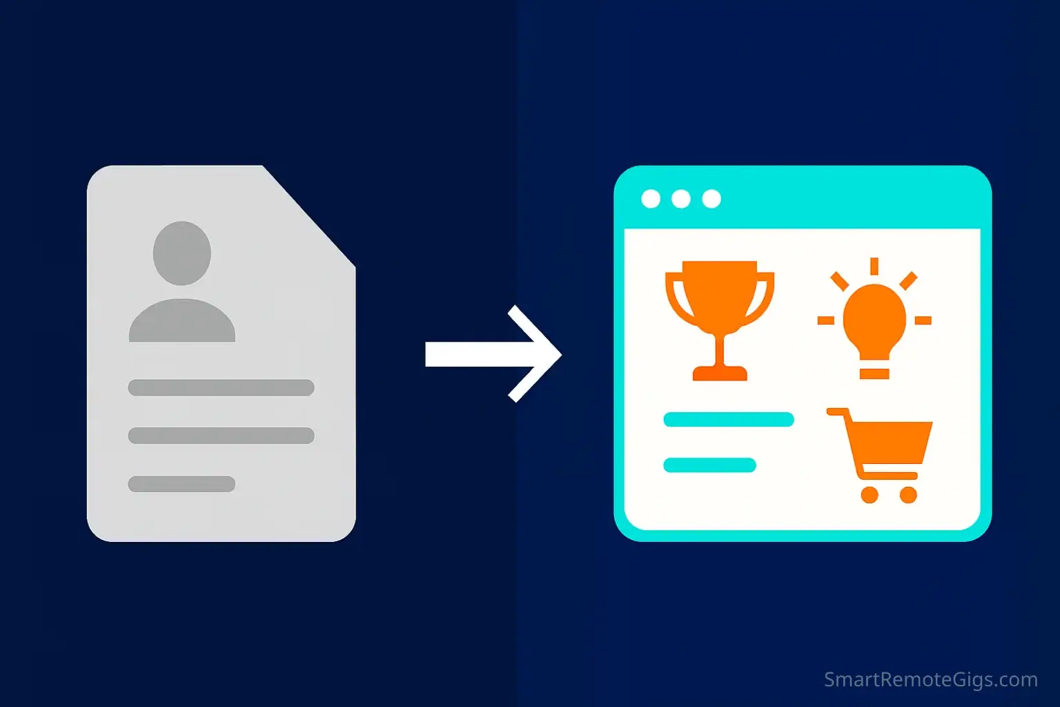 Graphic comparing a traditional resume to an optimized, client-focused Upwork profile that acts as a sales page to attract clients.