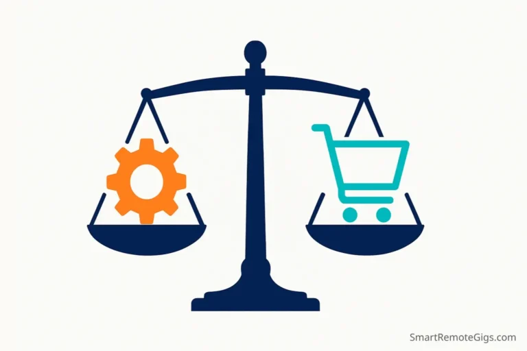 Illustration of a balanced scale comparing Upwork and Fiverr, helping a new freelancer choose the right platform for their career.