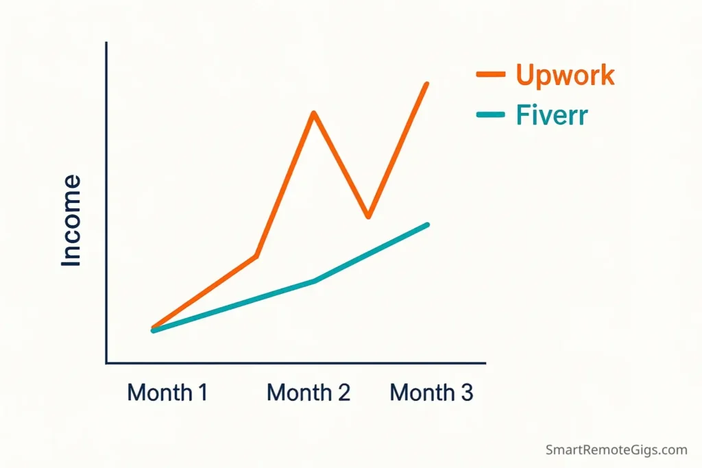 A graph showing the realistic income progression for beginners on Upwork versus Fiverr over the first 90 days.