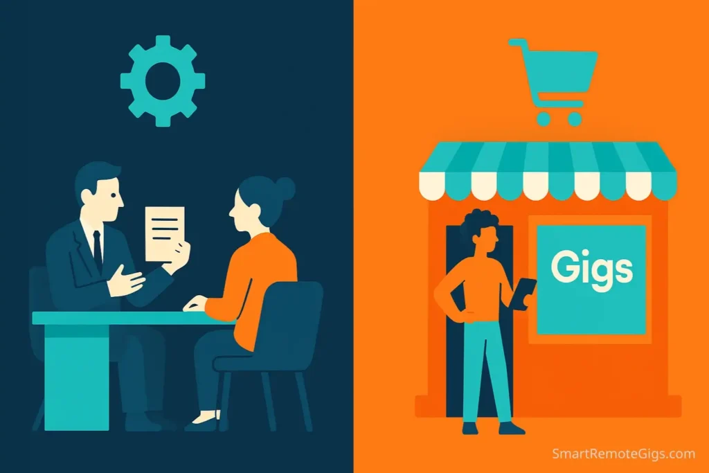 Comparison graphic showing the Upwork job board model versus the Fiverr storefront model for beginner freelancers.