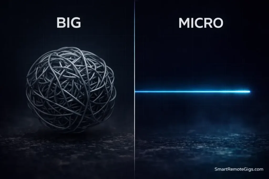 A visual comparison between a tangled gray wire and a sharp blue laser beam.