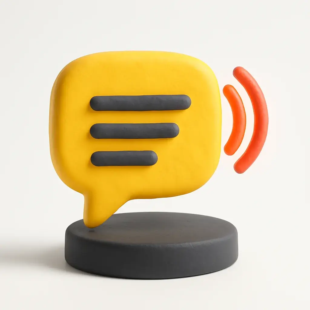 A 3D icon representing Veed.io, showing a speech bubble with text lines and sound waves, symbolizing its strength in auto-captioning and audio enhancement.