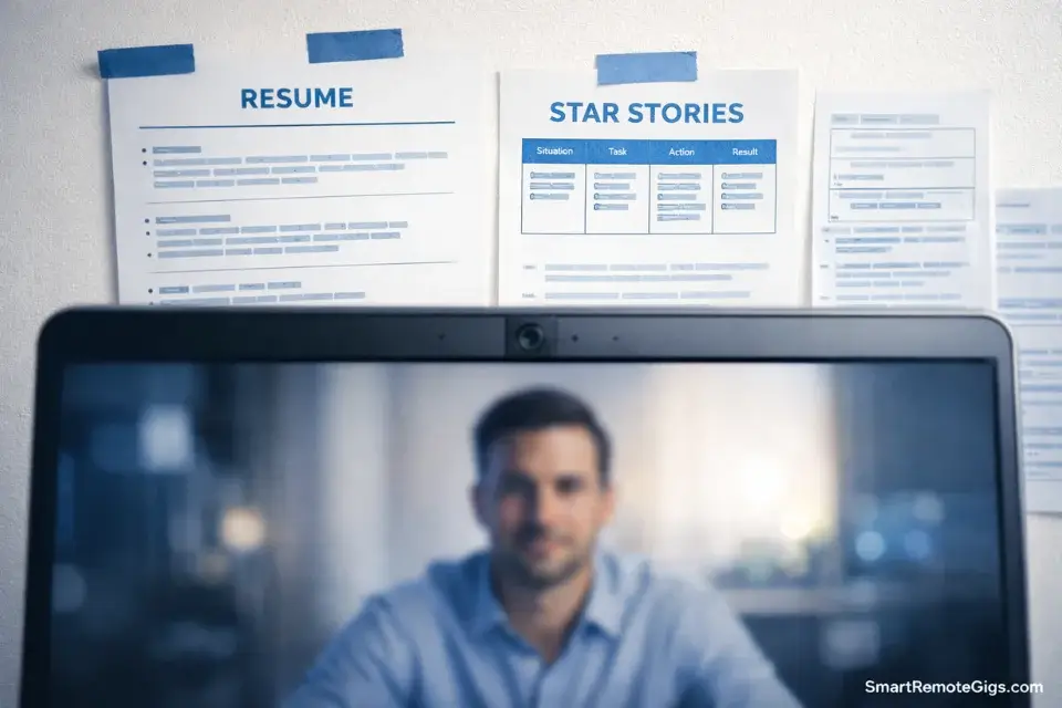 A behind-the-scenes view of a remote interviewee using cheat sheets taped to the wall.