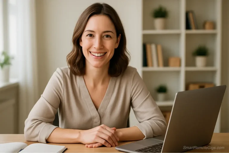 A friendly and professional-looking female teacher, "Sarah, Virtual Assistant Hustle" smiling while working on a laptop in a bright, organized home office space.