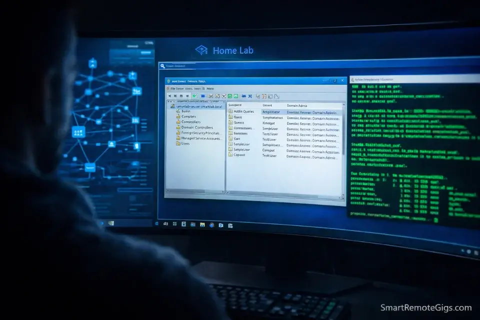 A computer screen running a Virtual Machine home lab with Windows Server and Active Directory, used for gaining IT experience.