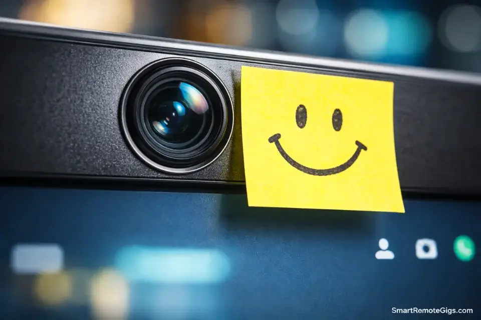 A close-up of a webcam with a sticky note smiley face to encourage eye contact.