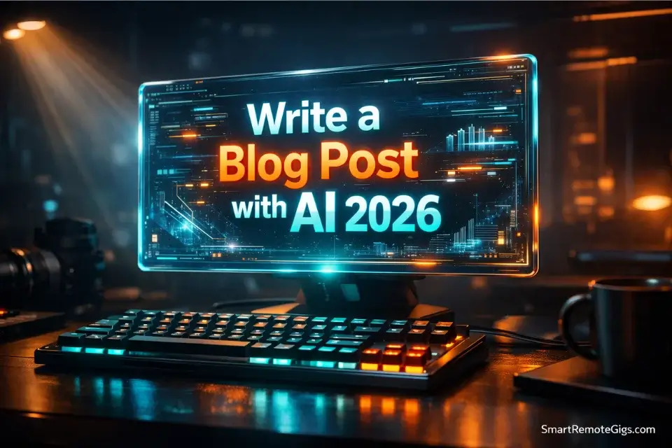 Cinematic 3D visualization of a futuristic workspace displaying the Write a Blog Post with AI 2026 guide.