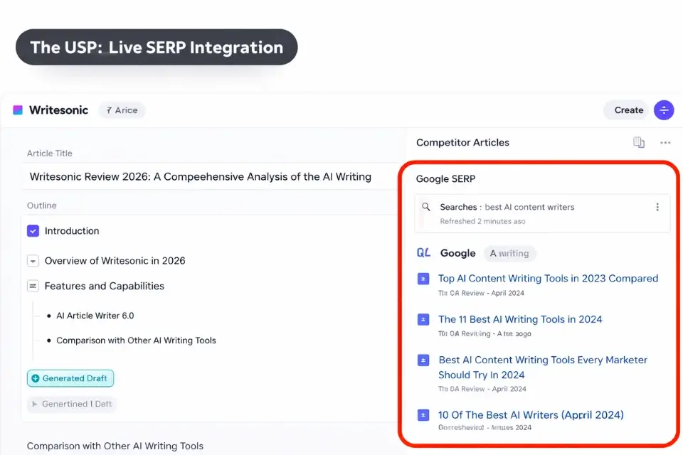 Screenshot of Writesonic's Article Writer 6.0 highlighting the real-time Google SERP data integration panel.