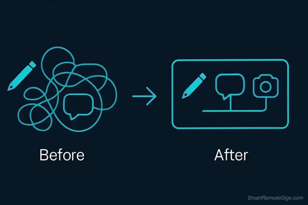 An infographic comparing a chaotic multi-tool workflow to Writesonic's efficient and streamlined integrated workflow for content creation.