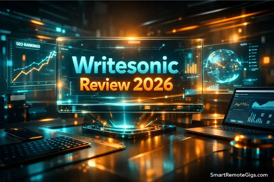 Cinematic 3D visualization of a futuristic SEO workspace displaying the Writesonic Review 2026 on a digital dashboard.