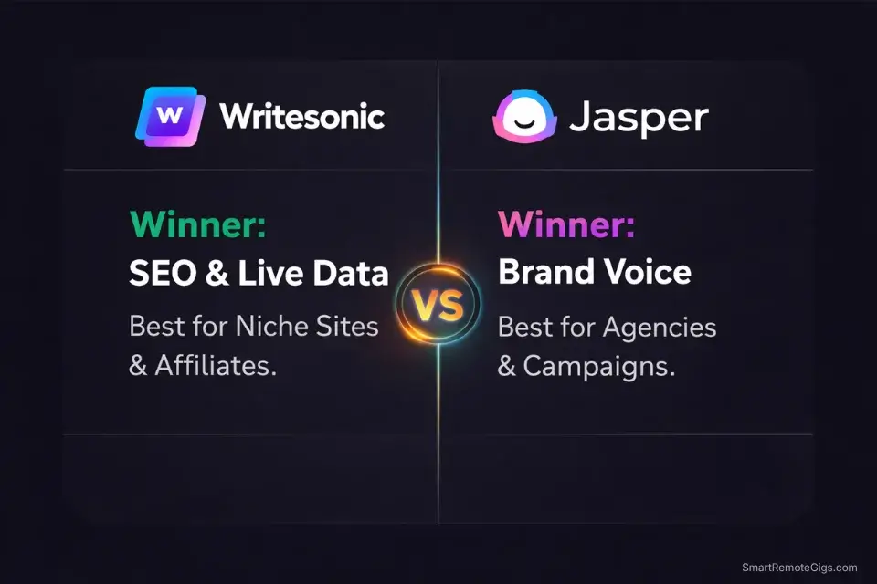 Side-by-side comparison infographic showing the best use cases for Writesonic and Jasper AI.