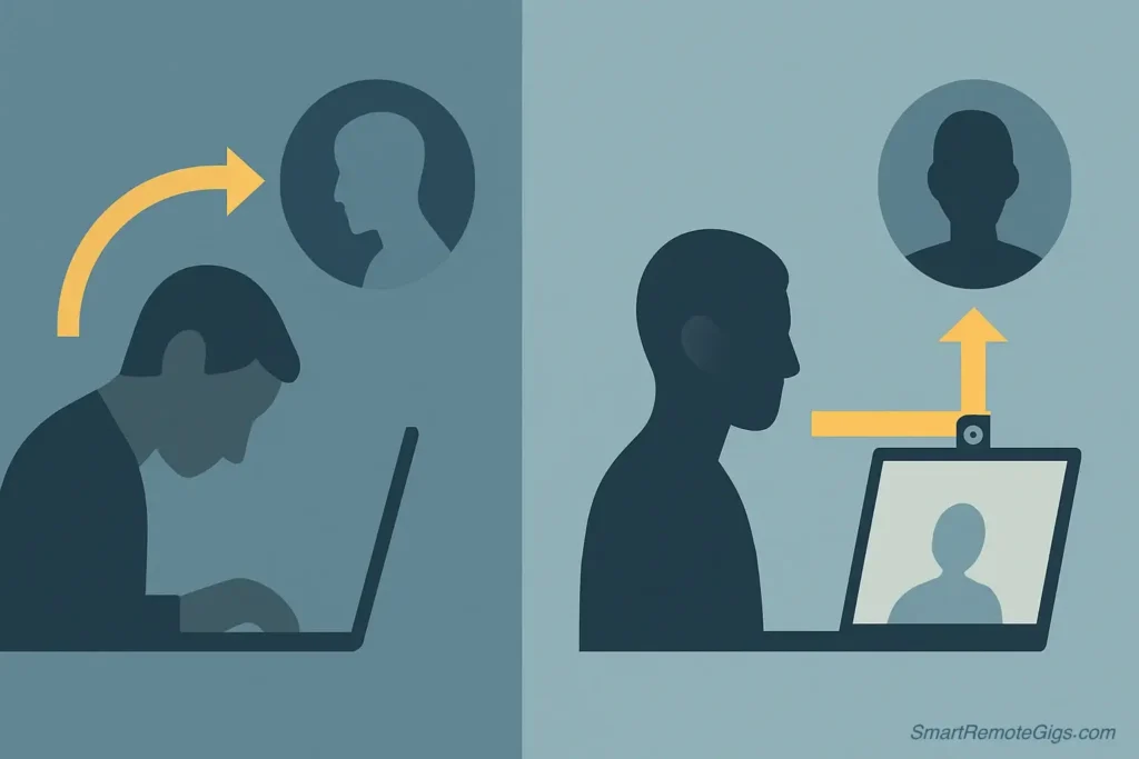 A diagram illustrating the correct way to make eye contact in a Zoom interview by looking at the camera lens, not the screen.