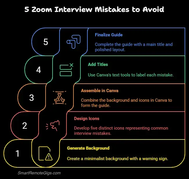 An infographic listing 5 common Zoom interview mistakes: bad audio, distractions, reading scripts, not asking questions, and weak follow-up.