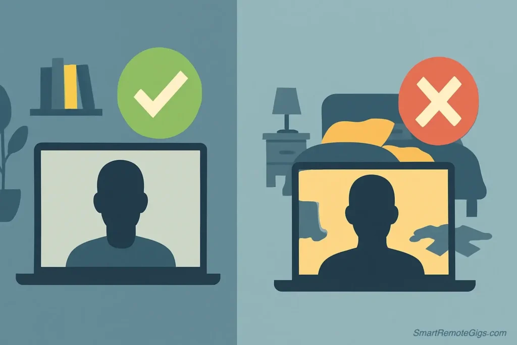 An illustration comparing a good, professional background for a Zoom interview with a bad, cluttered background.