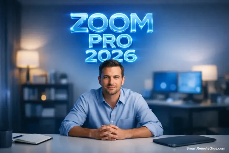 A professional remote job seeker looking confident on a video call with perfect lighting and setup.
