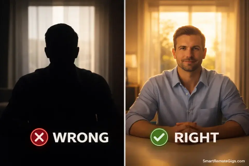 Visual comparison showing the wrong way (backlit) and right way (frontlit) to sit near a window for video interviews.