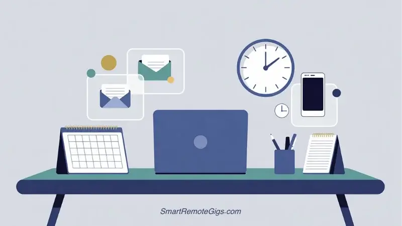 An illustration of a minimalist home office desk with a laptop, calendar, and email icons, symbolizing the organized nature of administrative remote support jobs.