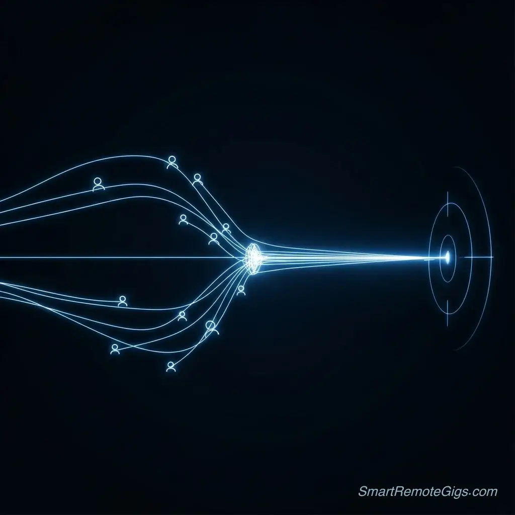 An abstract illustration of simple lines combining into a powerful laser, symbolizing how to combine Google operators for advanced job searches.