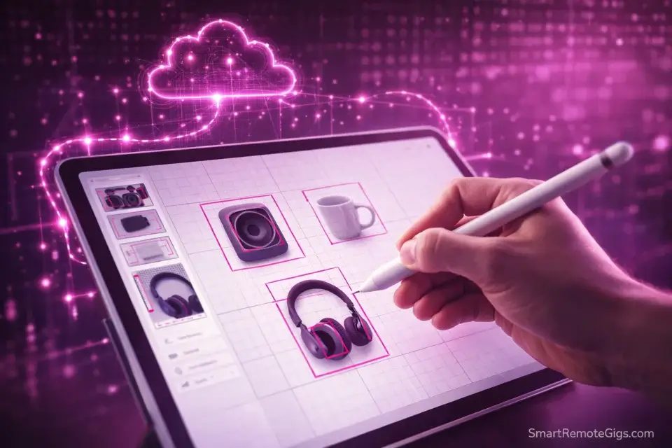 A remote worker performing AI data annotation tasks on a tablet, illustrating modern data entry work.