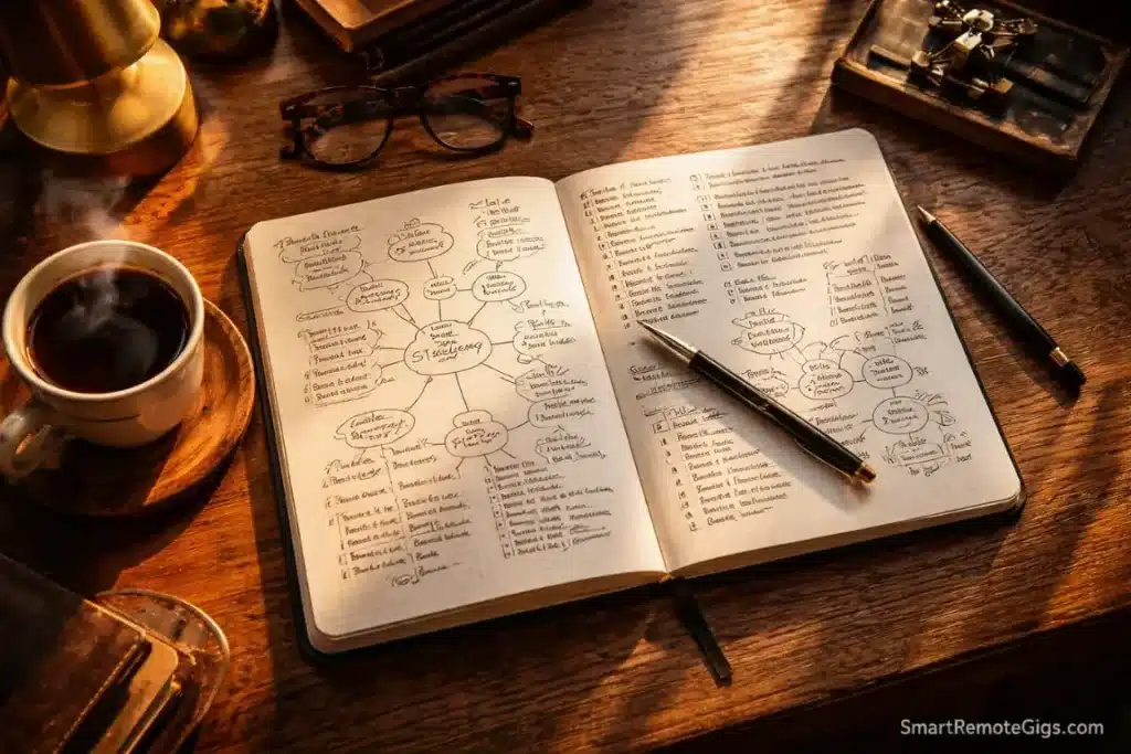A peaceful desk with an open notebook and coffee, representing the focus of an analog system.