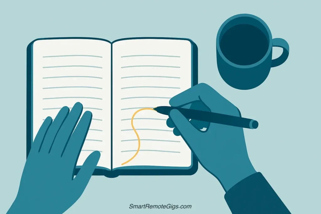 An illustration of a person's hands writing in a GTD notebook, surrounded by a calm, distraction-free environment.