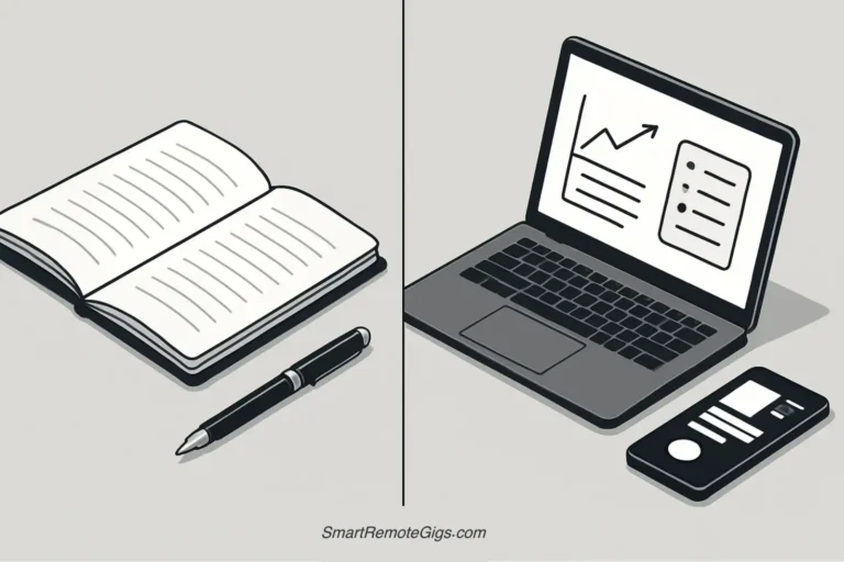A split-screen illustration comparing an analog GTD system with a pen and notebook on one side, and a digital GTD system with a laptop and smartphone on the other.