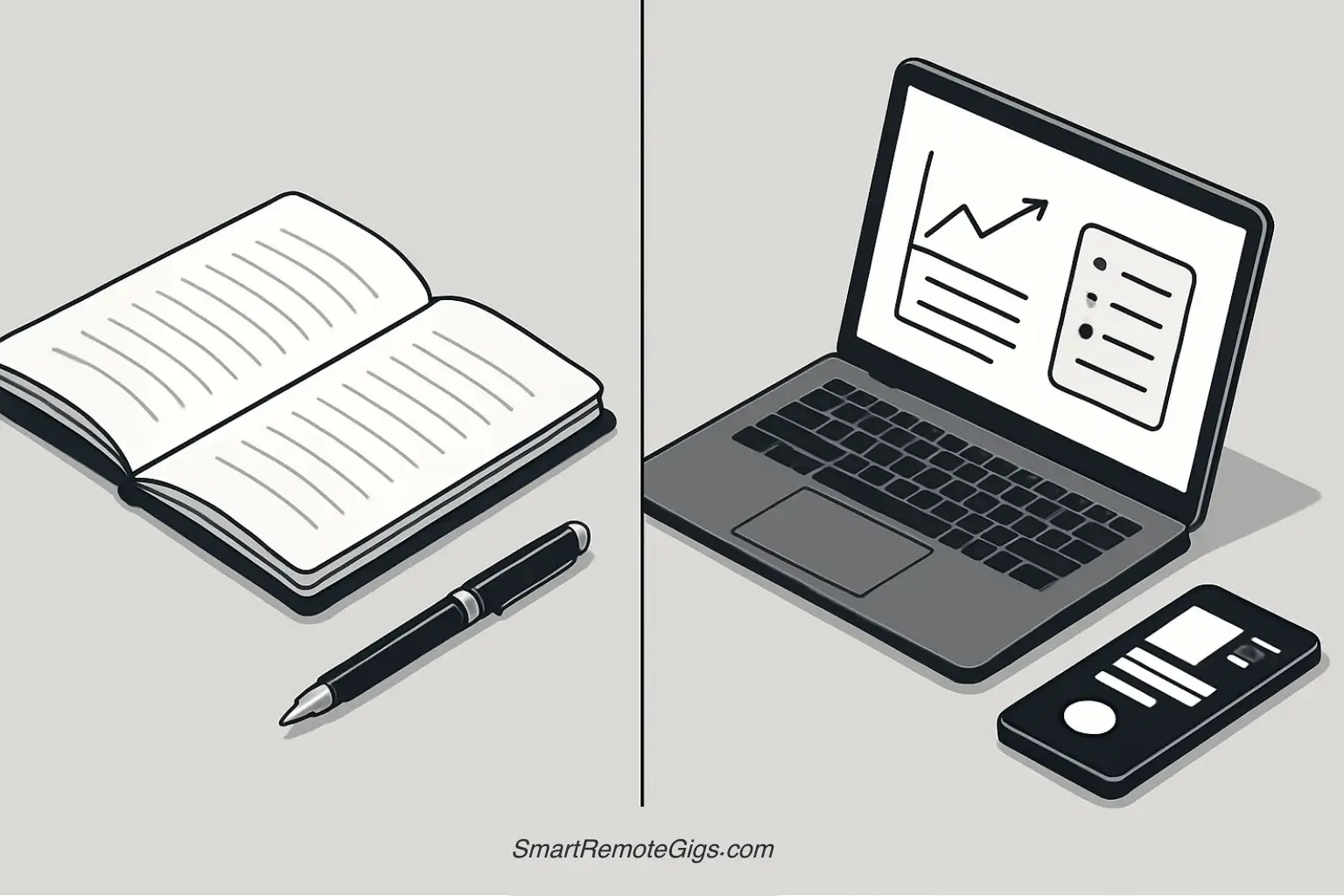 A split-screen illustration comparing an analog GTD system with a pen and notebook on one side, and a digital GTD system with a laptop and smartphone on the other.