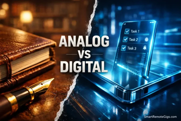 A split-screen illustration contrasting a leather notebook with a digital tablet, representing the Analog vs. Digital GTD debate.