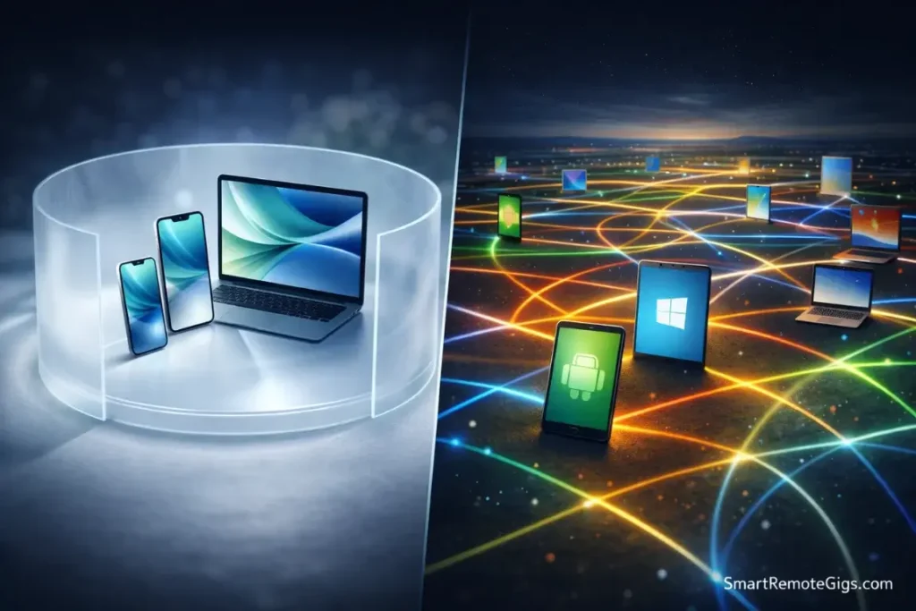 A walled glass garden of Apple devices contrasting with an open network of diverse devices.