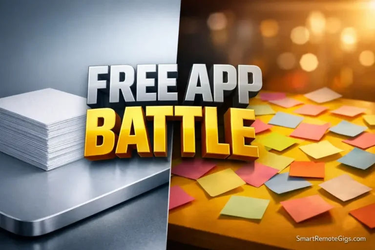 A split composition showing neat Apple-style notebooks versus colorful Google-style sticky notes.