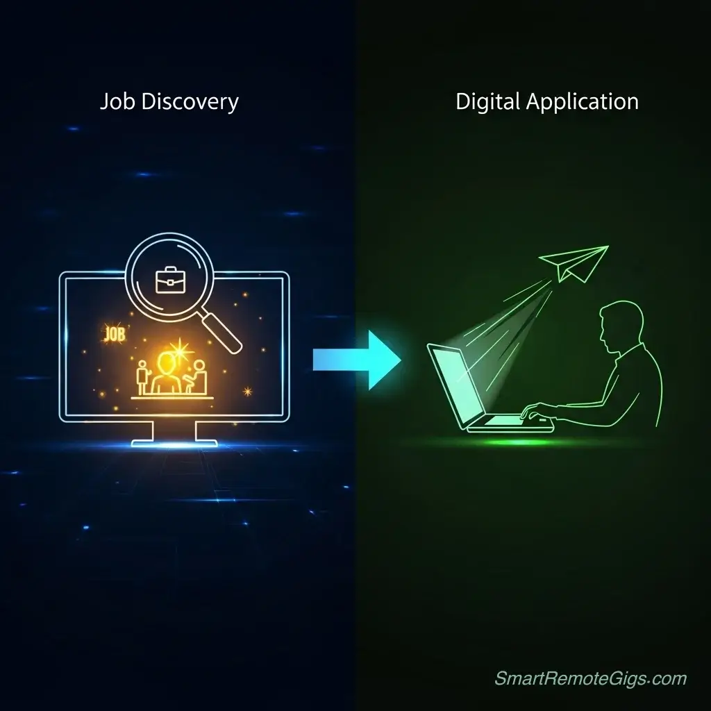 An illustration showing the process of discovering a hidden job with a magnifying glass and then sending an application.