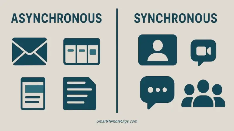 An infographic comparing asynchronous and synchronous remote work. The asynchronous side shows icons for email and project boards, while the synchronous side shows icons for video calls and live chat.