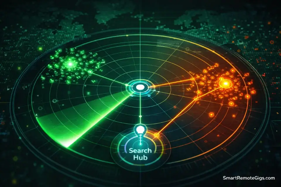 A radar screen visualization showing a search strategy targeting Greenhouse and Lever ATS platforms directly.