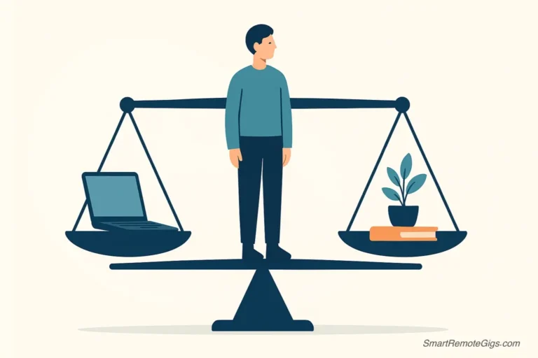 An illustration of a person standing calmly between two sides of a large, perfectly balanced scale. One side holds a laptop for work, and the other holds a plant and a book for personal life.