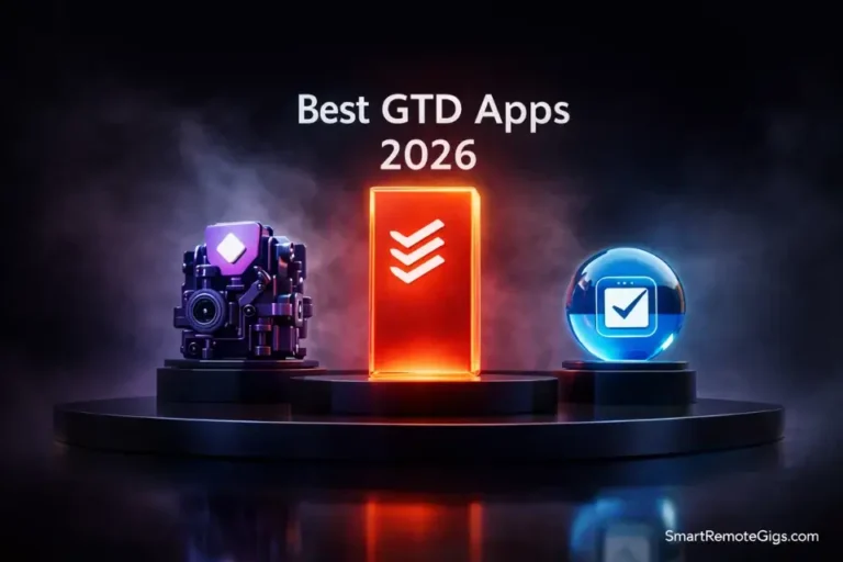 Abstract 3D representations of Todoist, OmniFocus, and Things 3 on a podium, representing the 2026 GTD app rankings.