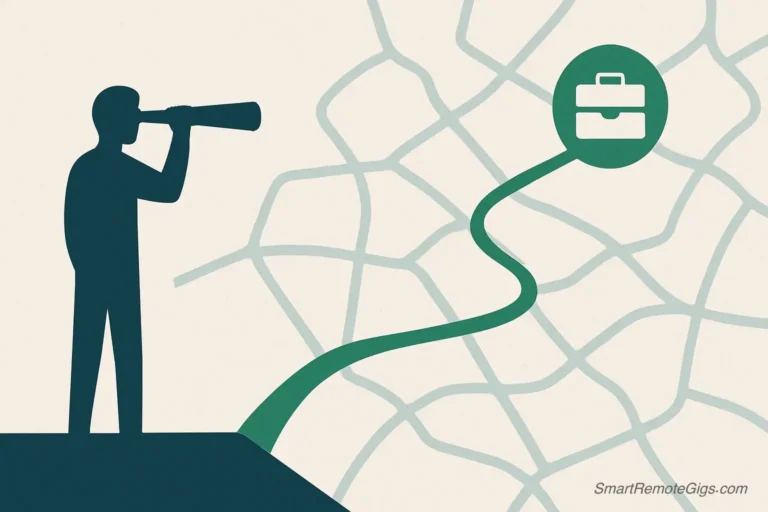 An illustration of a person using a telescope to find the best path on a map, symbolizing a review of the best remote job boards.