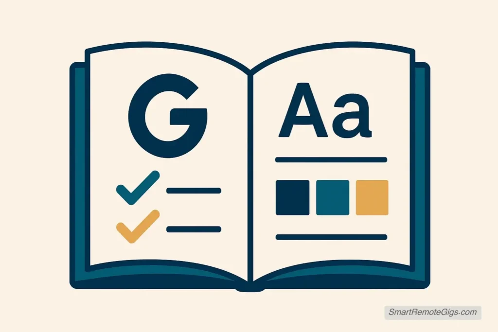 An icon symbolizing a brand style guide, showing an open book with clear rules for logo usage, typography, and color palettes.