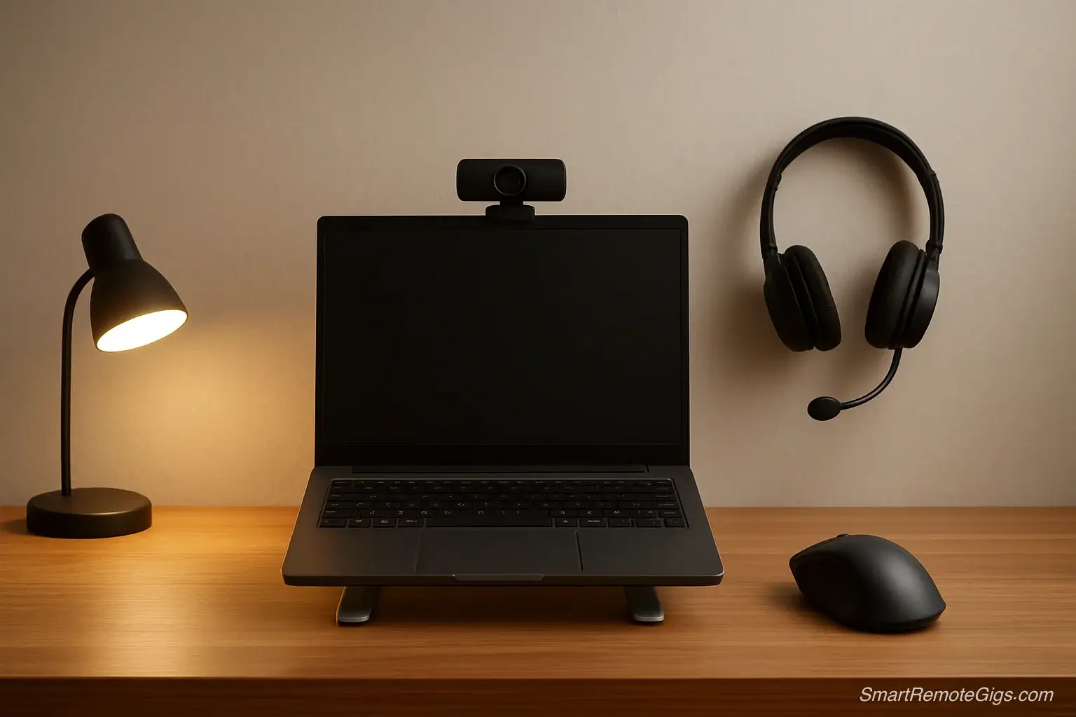 A complete, professional home office setup with essential tech for a first remote job, all achievable on a budget under $200.