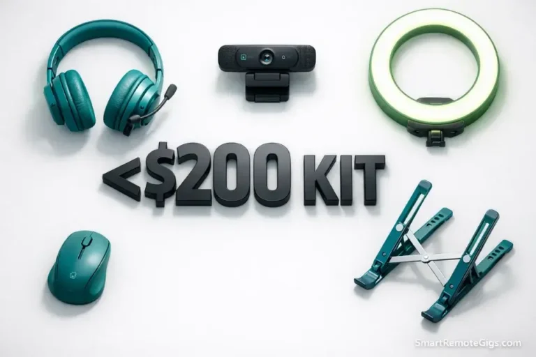 A flat-lay photography composition showing the essential home office equipment needed for a remote job under $200.