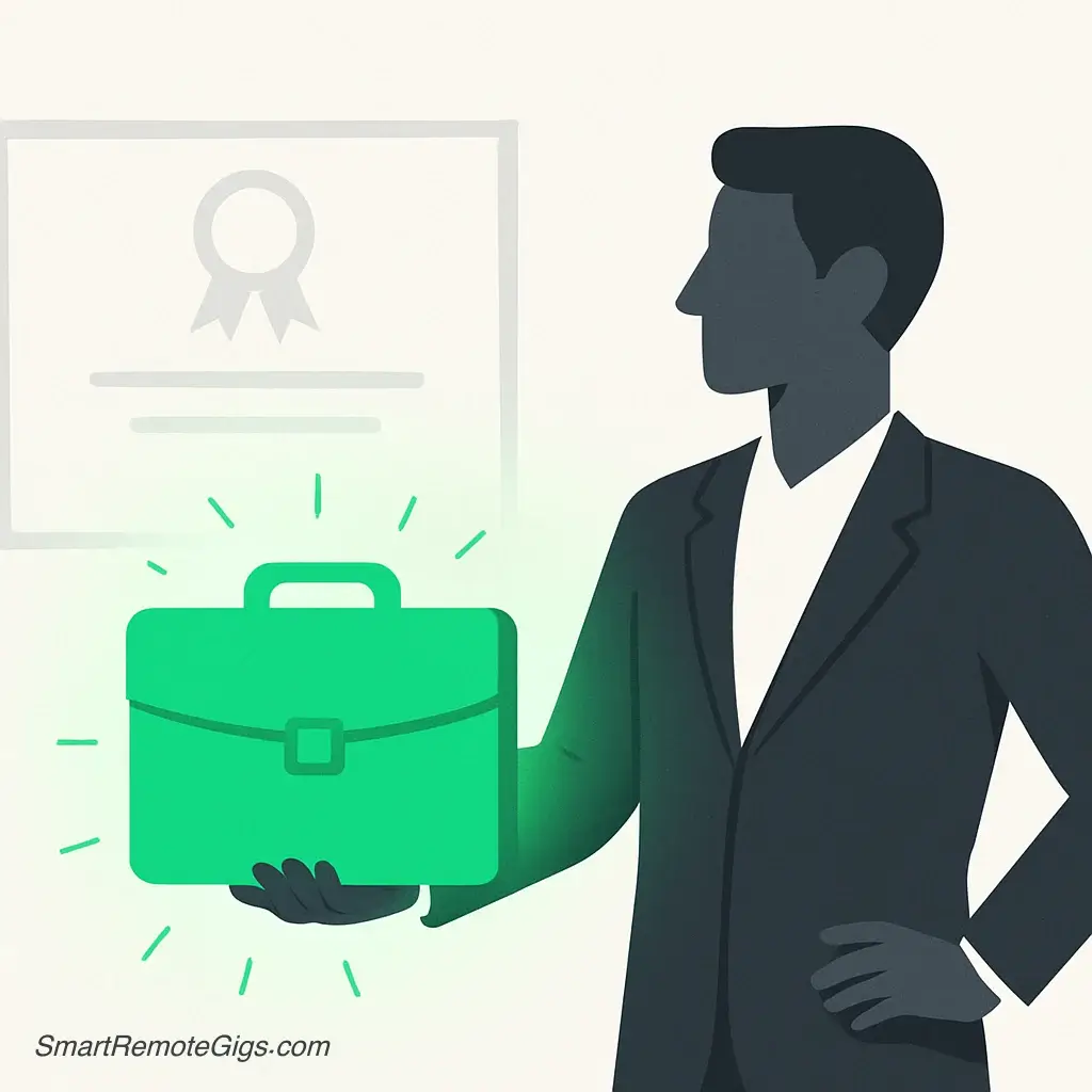 An illustration showing a person building credibility by presenting a portfolio of skills, which outshines a traditional degree.