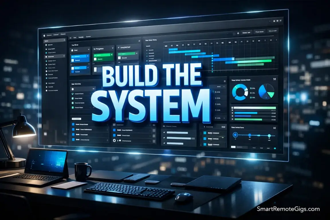 A futuristic digital workspace showing a Notion Project Management dashboard being built.