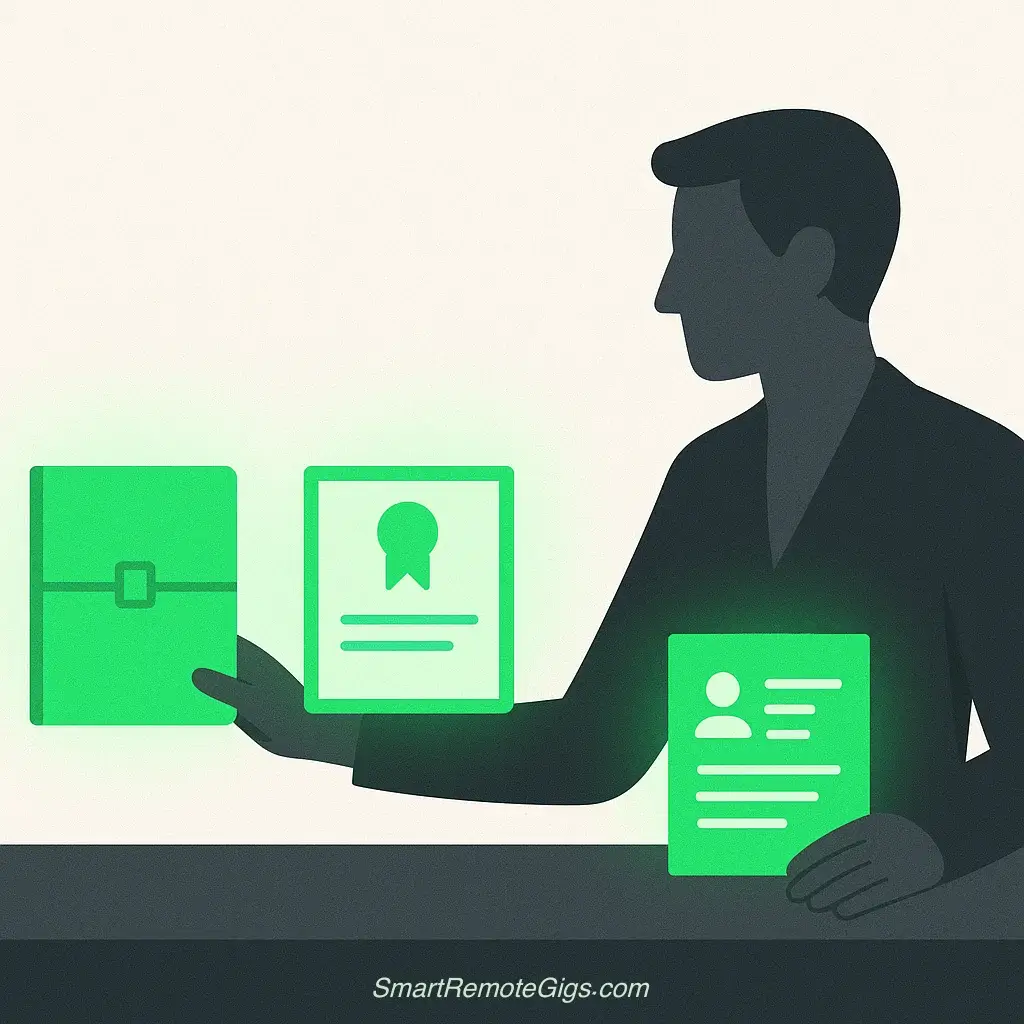 An illustration of a person building their toolkit of a portfolio, certificate, and resume to prove their skills for a remote job.