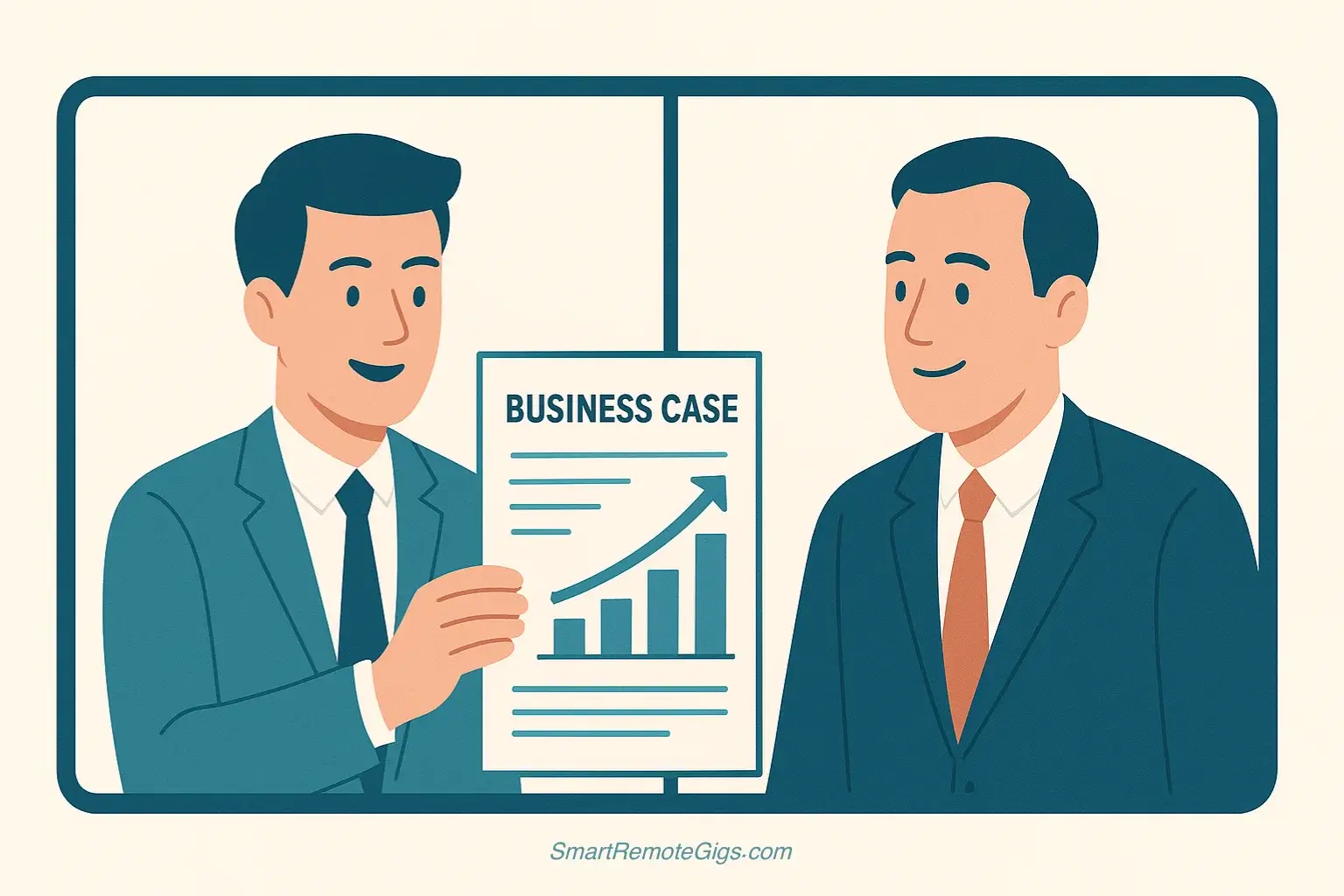 An illustration of a person professionally presenting a one-page business case document to a manager during a positive video call.