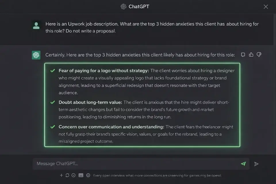 A screenshot of ChatGPT being used to reverse-engineer an Upwork client's hidden anxieties from a job description.