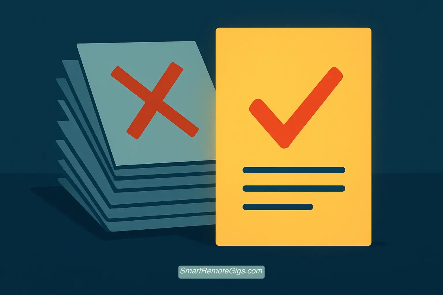 A vector illustration showing a stack of rejected freelance proposals with red X's, while one correct proposal stands out, symbolizing common mistakes to avoid.