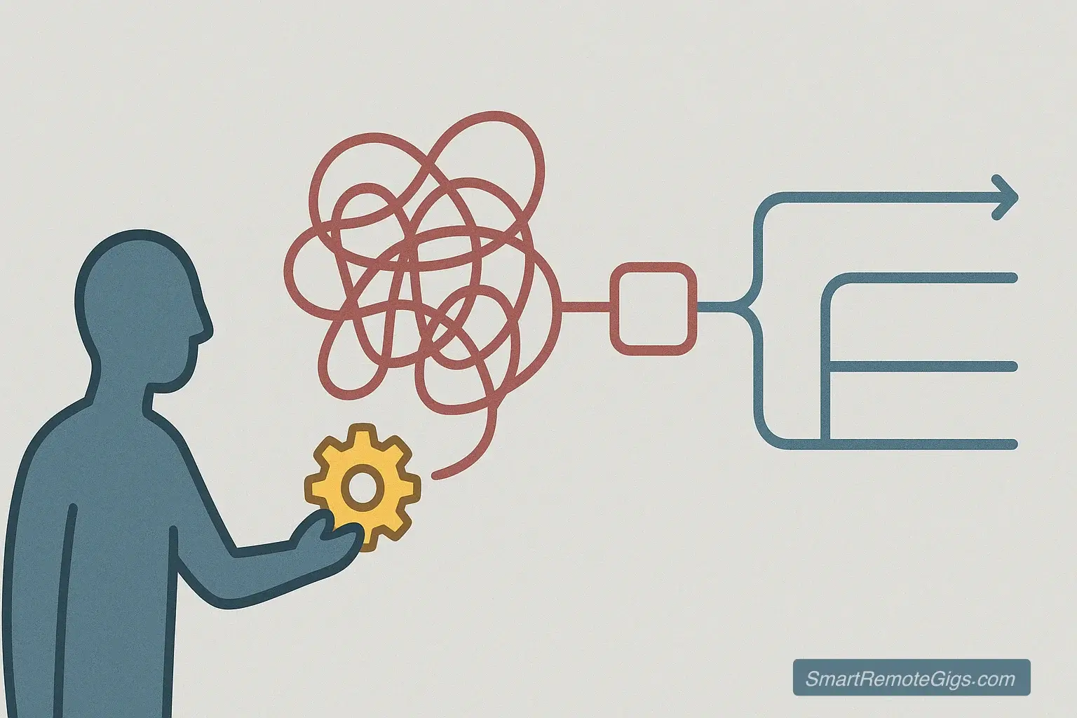 An illustration of a person looking at a tangled, broken flowchart and using a tool to fix it, untangling the lines into a clear, straight path.