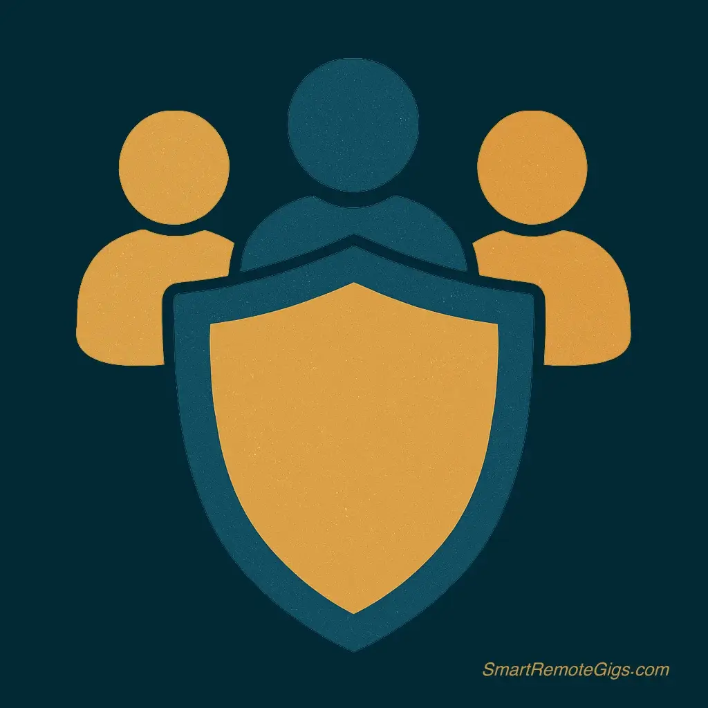 icon of a protective shield in front of several simple user profile icons, for a community moderator.