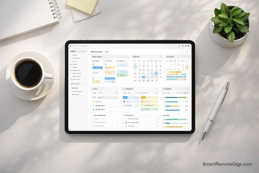 A clean, organized Notion dashboard displayed on a tablet in a minimalist workspace.